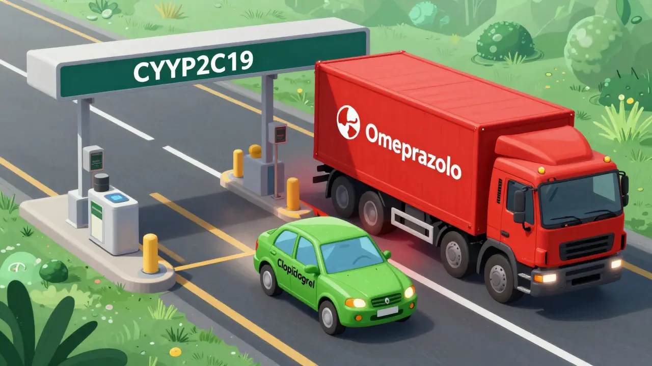 Cartoon showing a drug blocking an enzyme toll booth, preventing activation.
