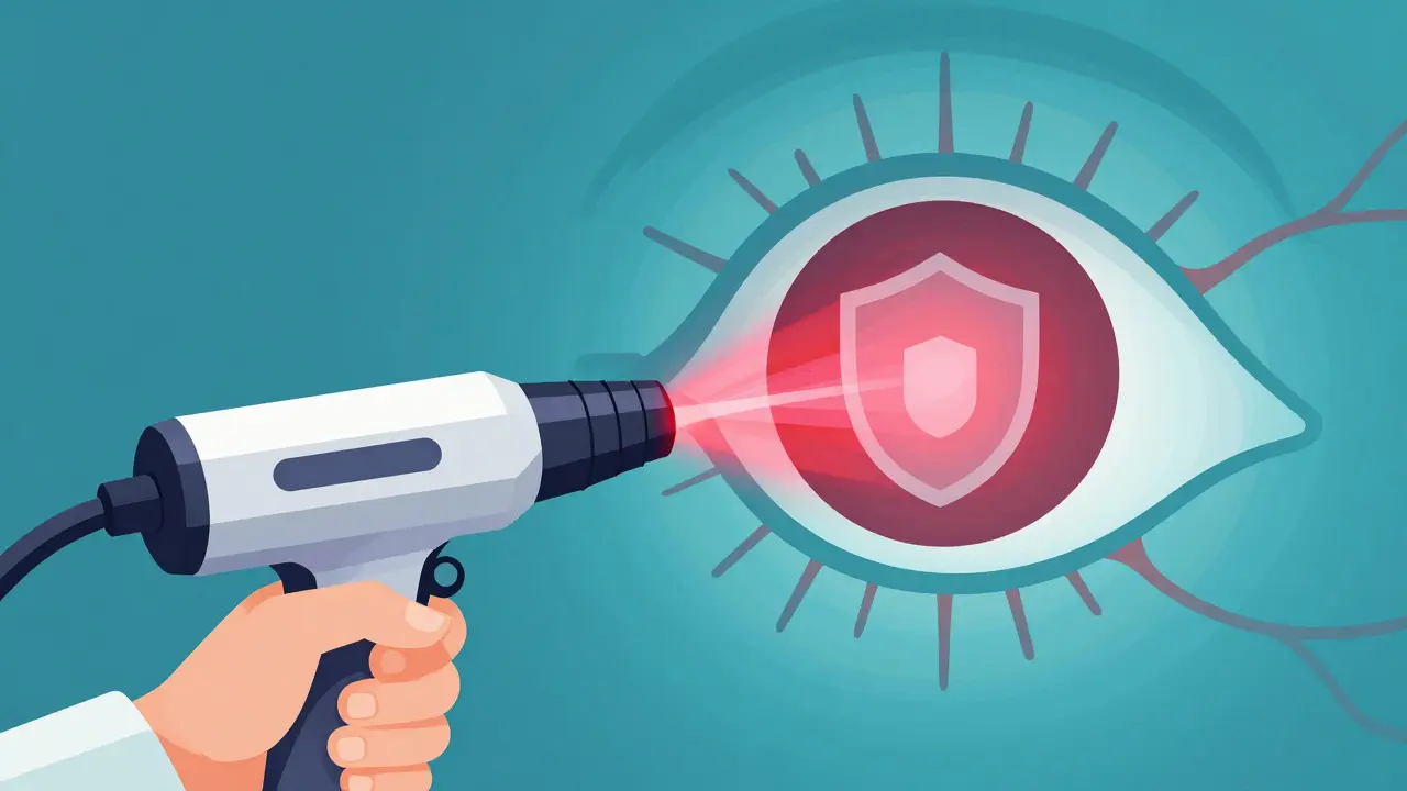 Cartoon showing laser treatment sealing retinal vessels