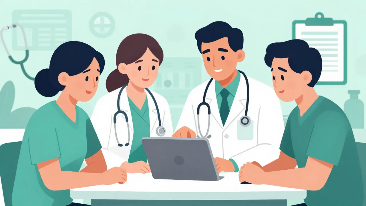 Doctor, pharmacist, and patient collaborating over a digital health plan