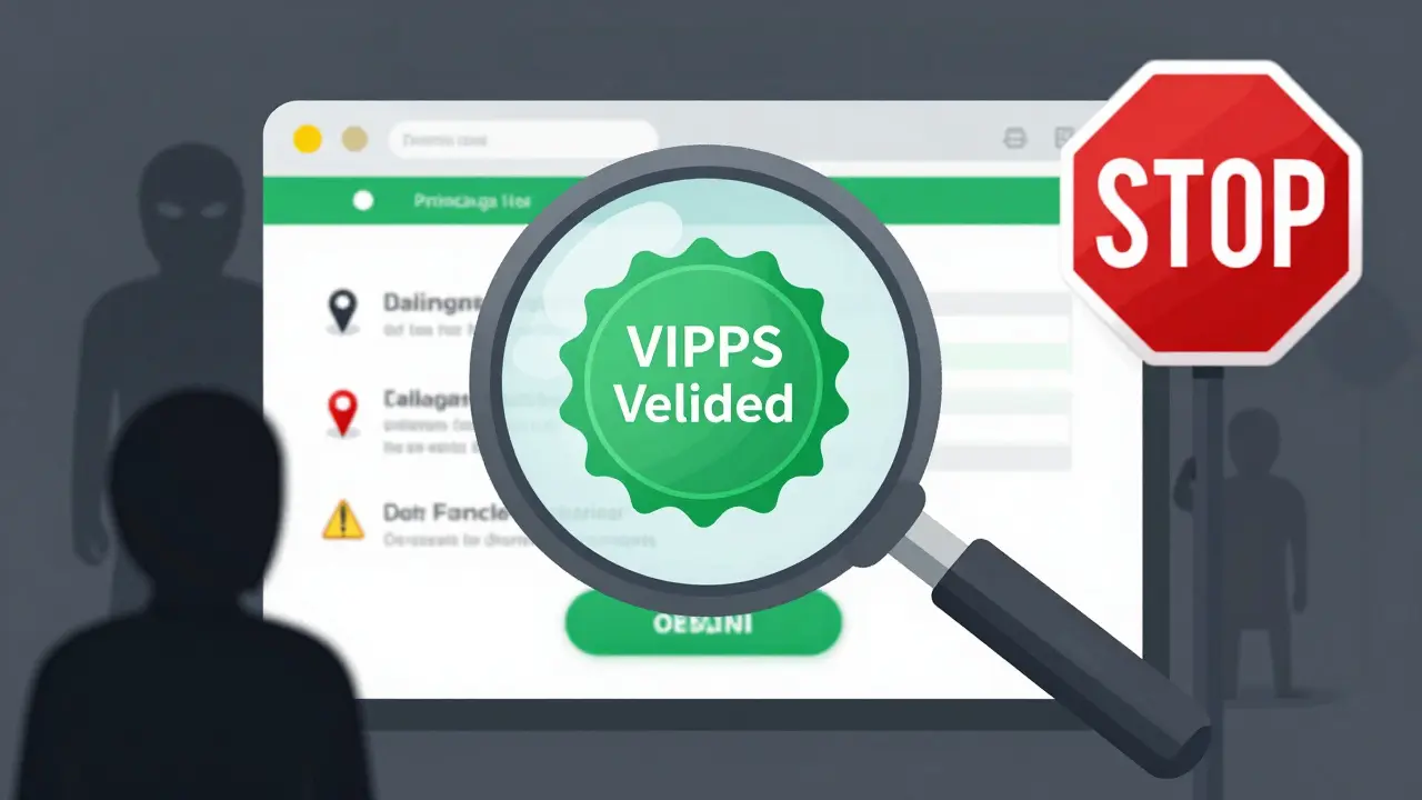 Editorial art showing a magnifying glass verifying a safe online pharmacy seal.