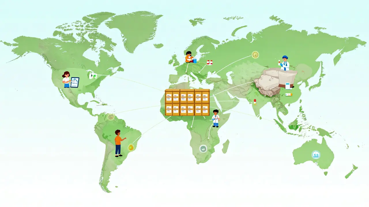 Global map showing distribution of essential medicines and digital health tools.
