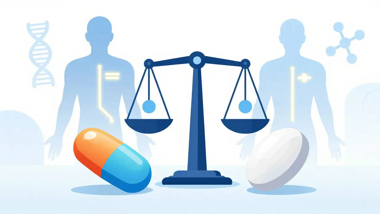 Illustration comparing brand and generic pills with equal absorption graphics