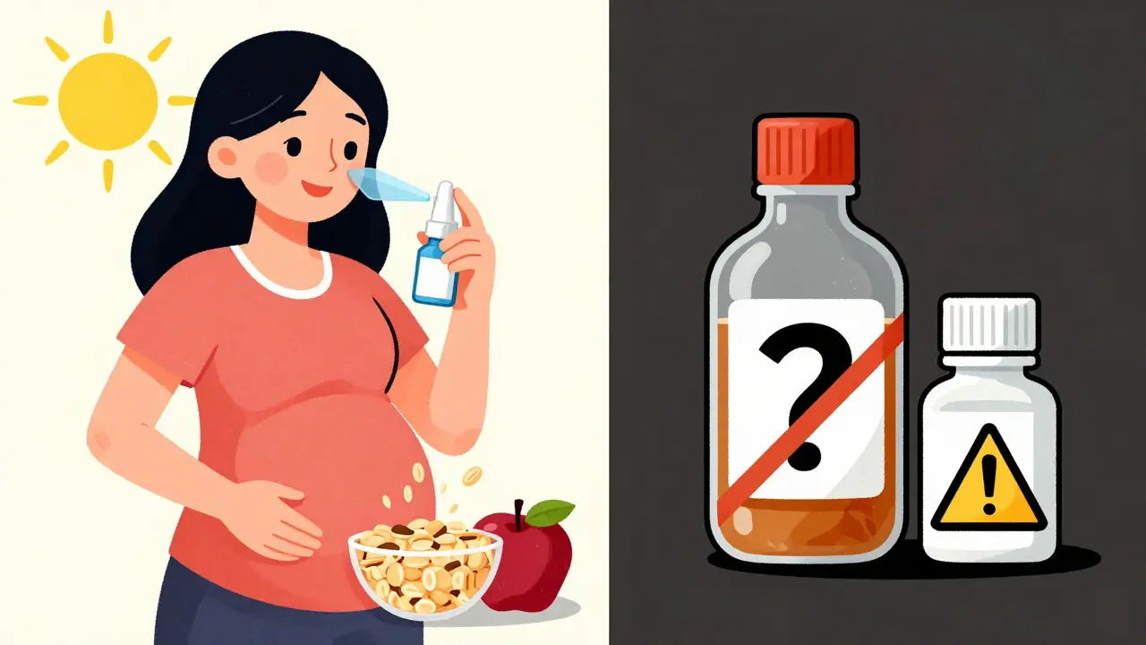 Illustration comparing safe saline spray vs risky herbal remedies.