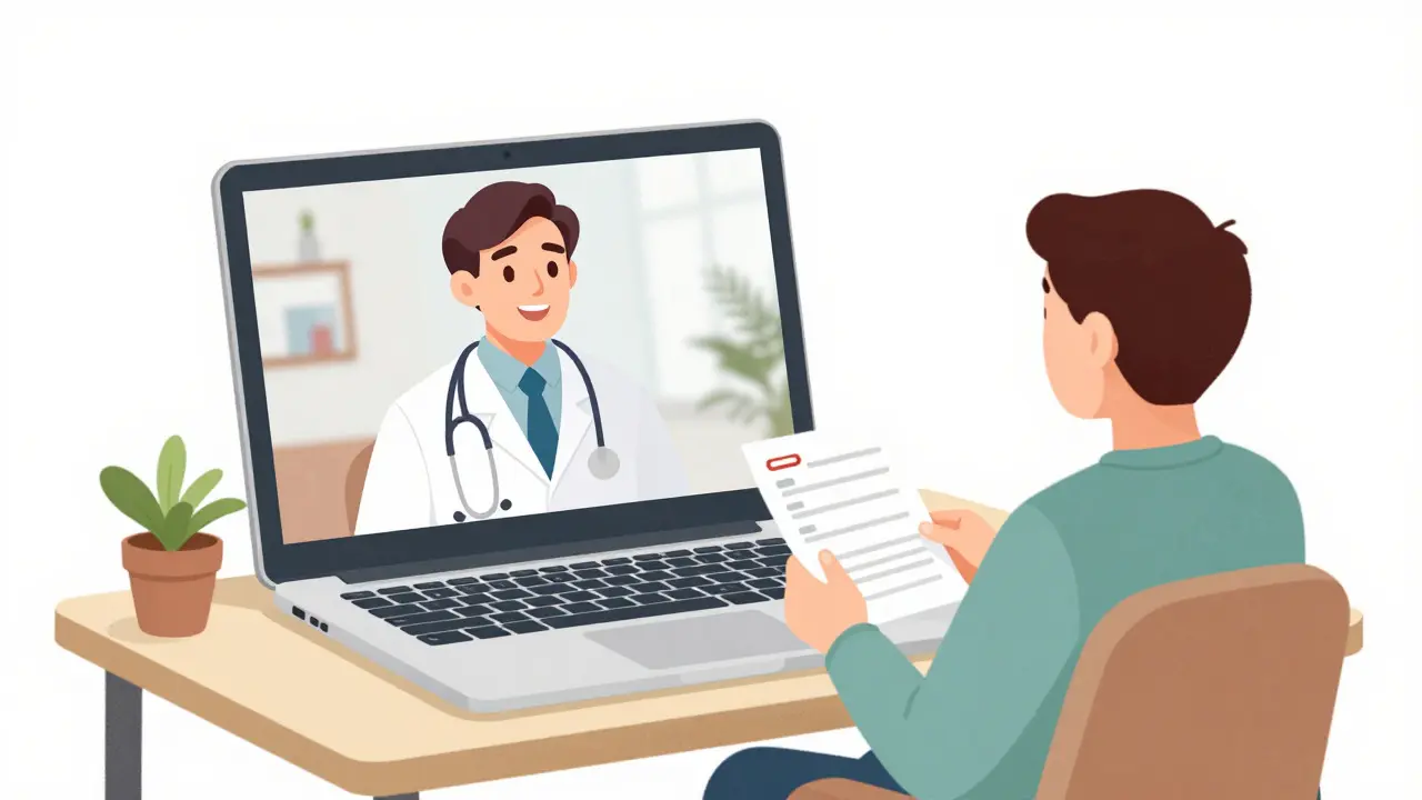 Illustration depicting a convenient telemedicine video consultation between a doctor and a patient at home.