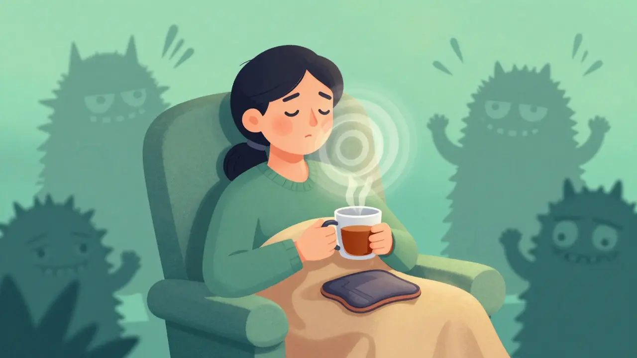 Illustration of a person relaxing with a heating pad and tea, calming down from a pain flare-up.