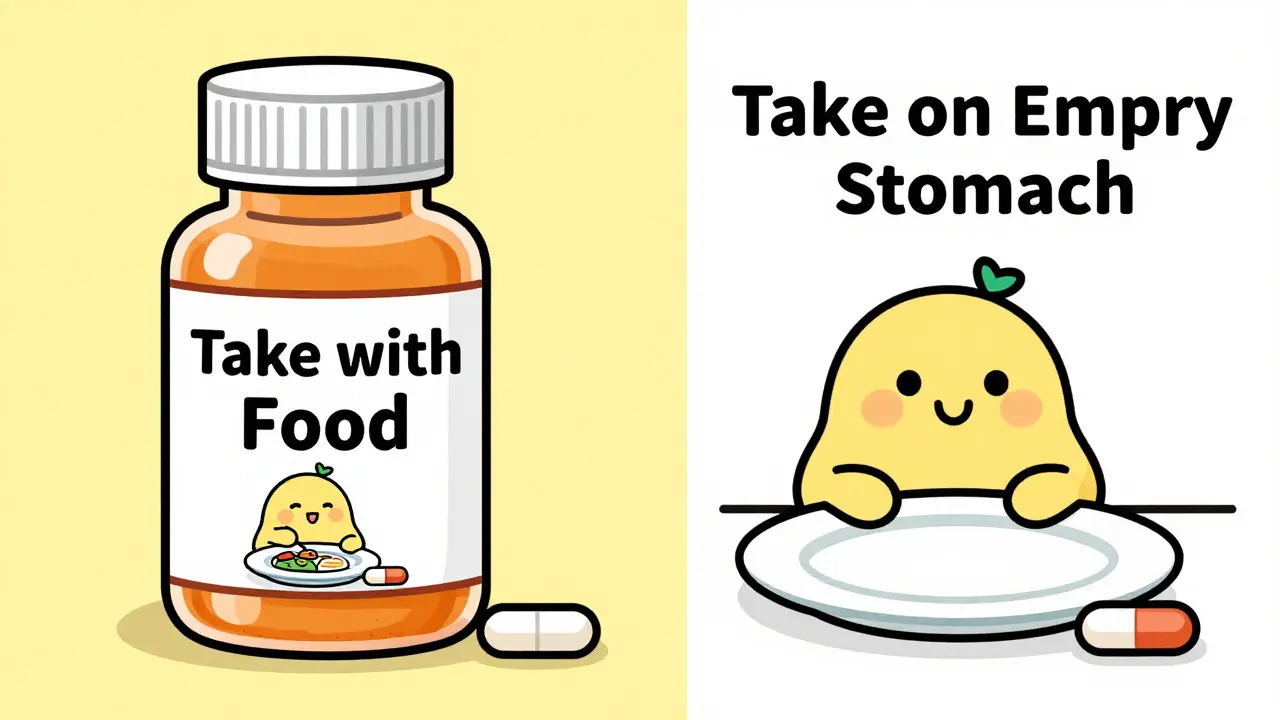 Illustration of medication labels advising when to take pills relative to meals