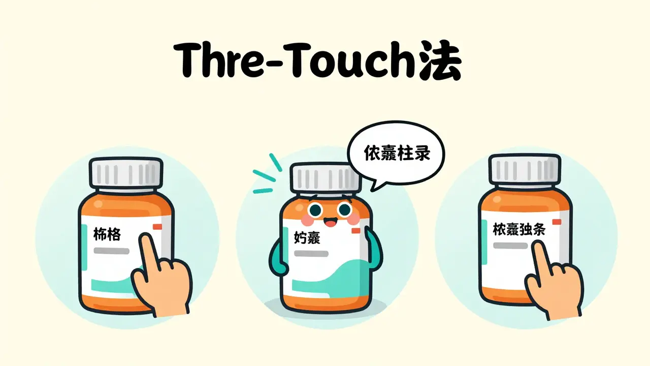 Illustration of three-touch method for label checks