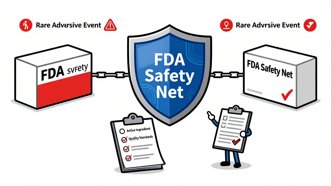 Illustration showing equal FDA safety monitoring for brand and generic drugs