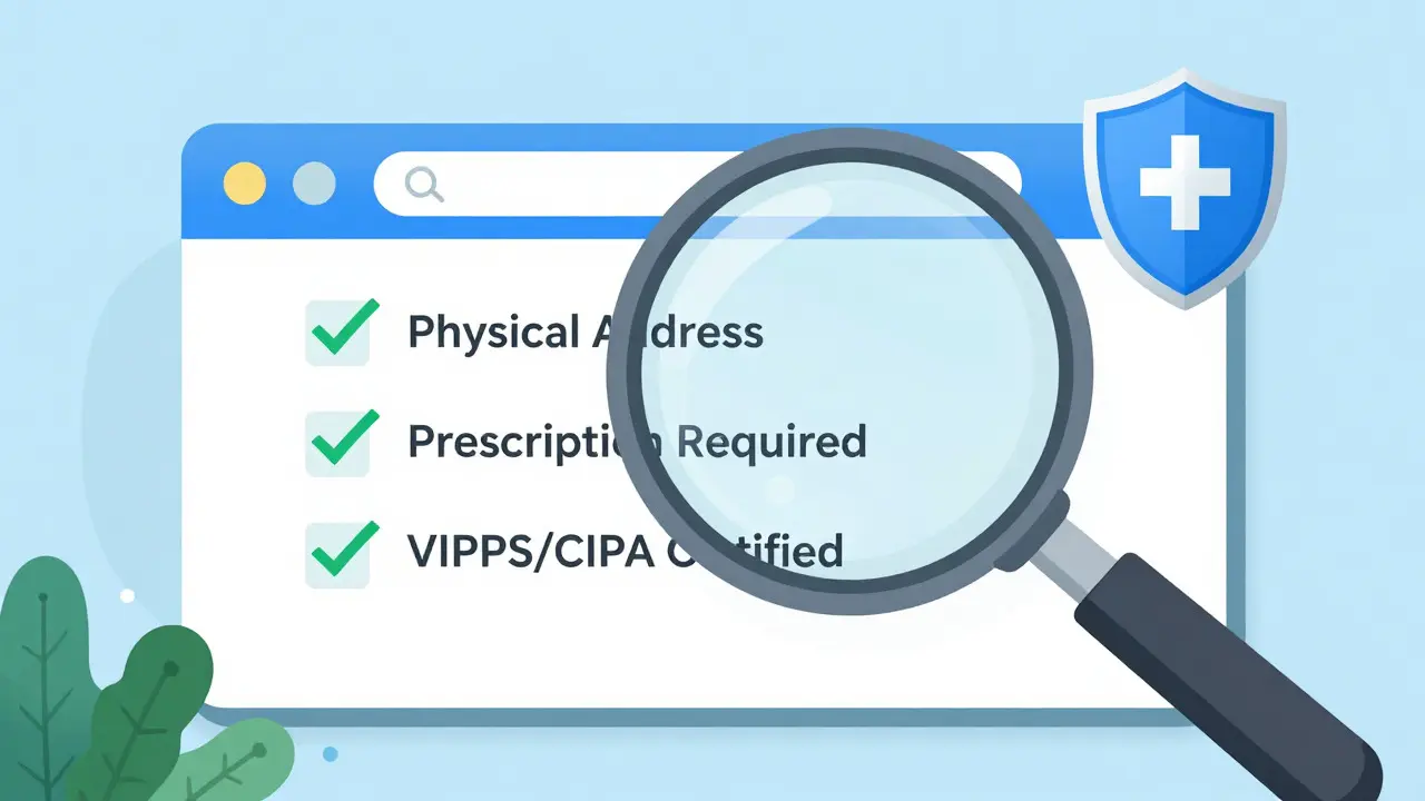 Illustration showing how to verify a safe online pharmacy by checking for physical address, prescription requirement, and certification seals.