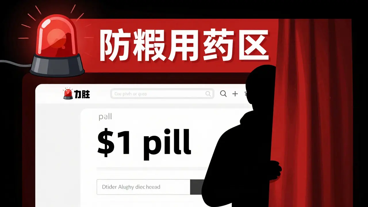 Illustration warning about fake online pharmacies offering unrealistically low prices and lacking proper verification.