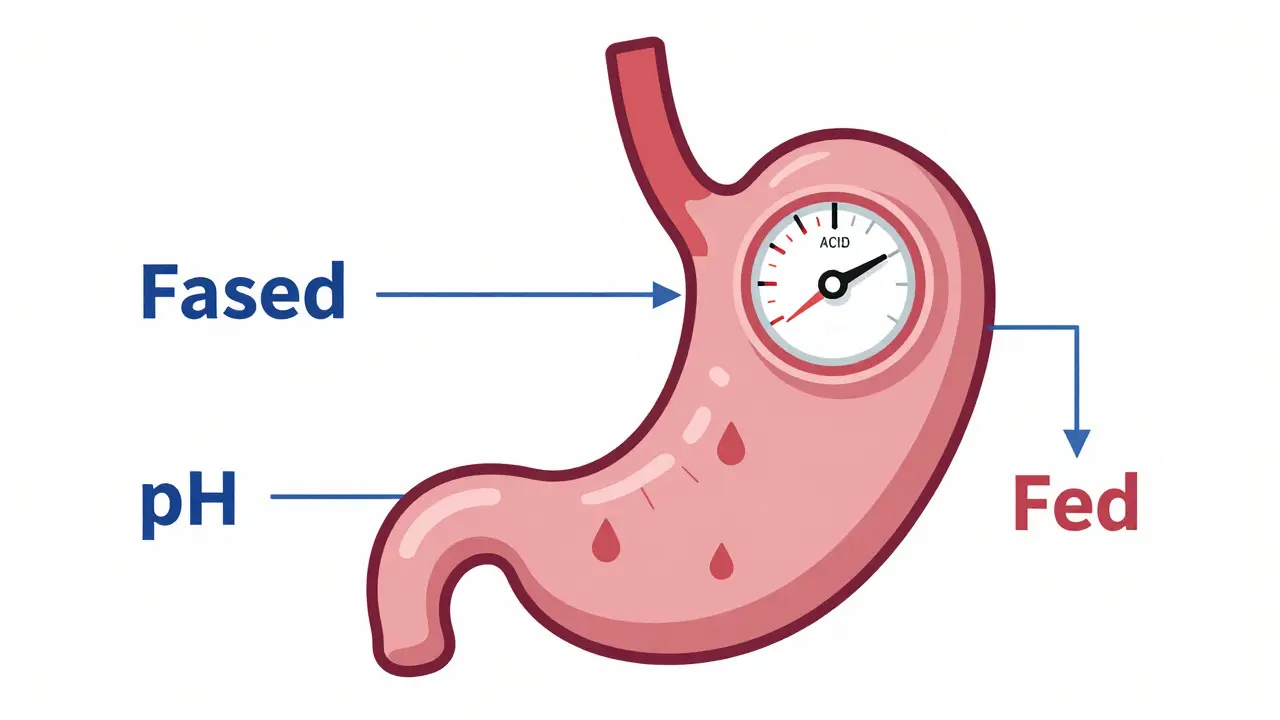 Infographic-style illustration of stomach pH and gastric emptying times in fasted vs fed conditions