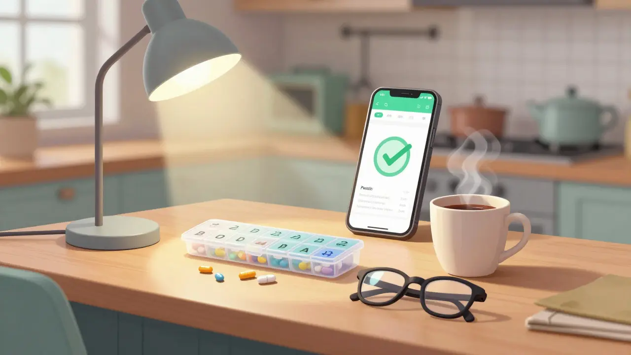 Organized counter with pills, glasses, and good light