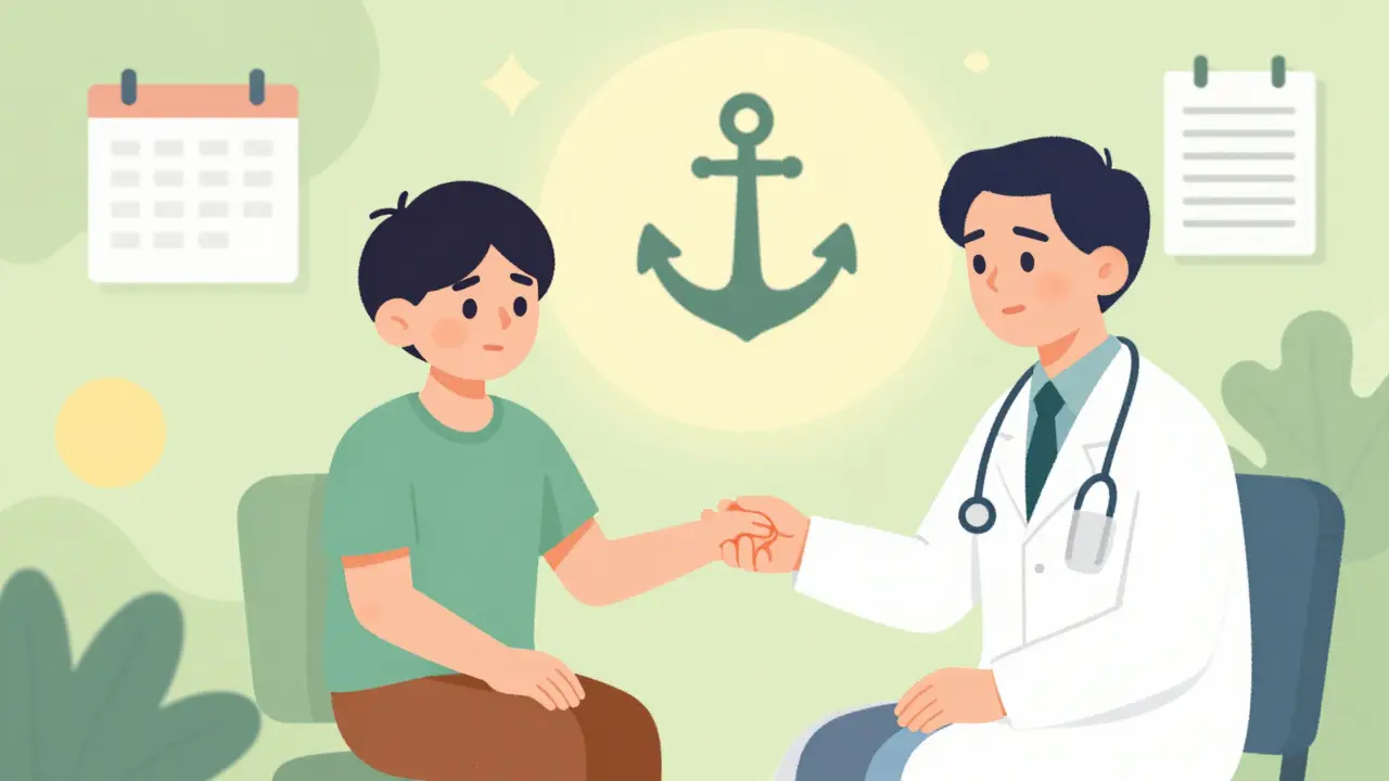 Patient consulting with doctors and therapist in a supportive, warm environment