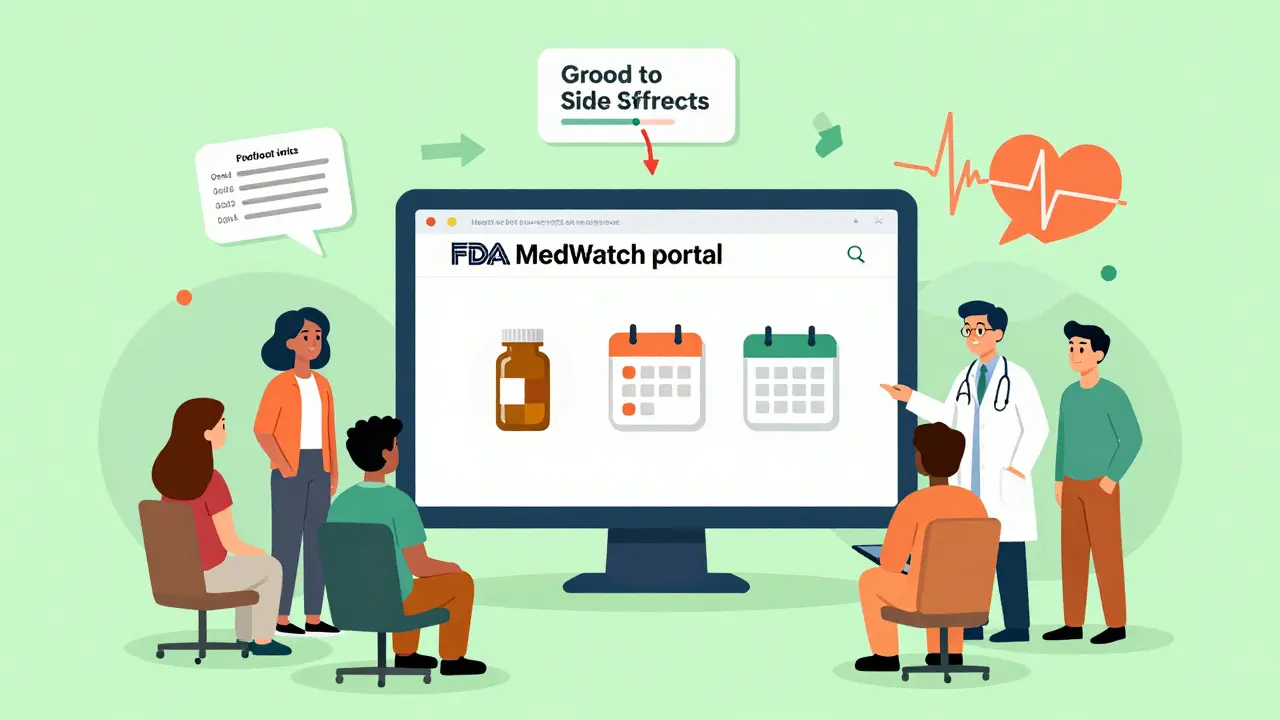 People reporting side effects via digital portal with clear documentation icons