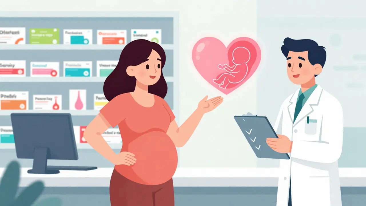 Pregnant woman consulting pharmacist about medication safety.