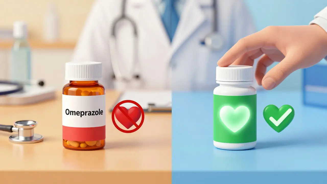 Split illustration comparing risky vs safe proton pump inhibitors for heart patients.