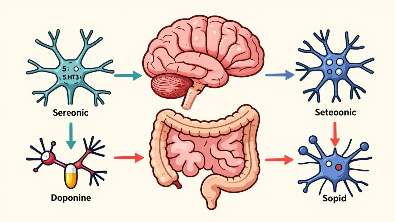 Abstract illustration of drug classes targeting brain and gut pathways