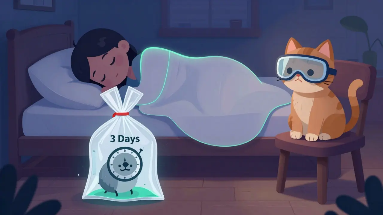 Bedroom scene with sealed bedding, trapped mite, and protected cat