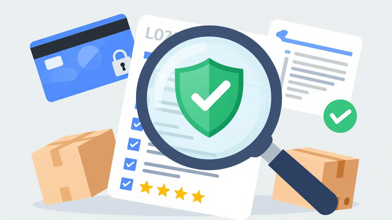 Cartoon showing verification of safe online pharmacy with shield