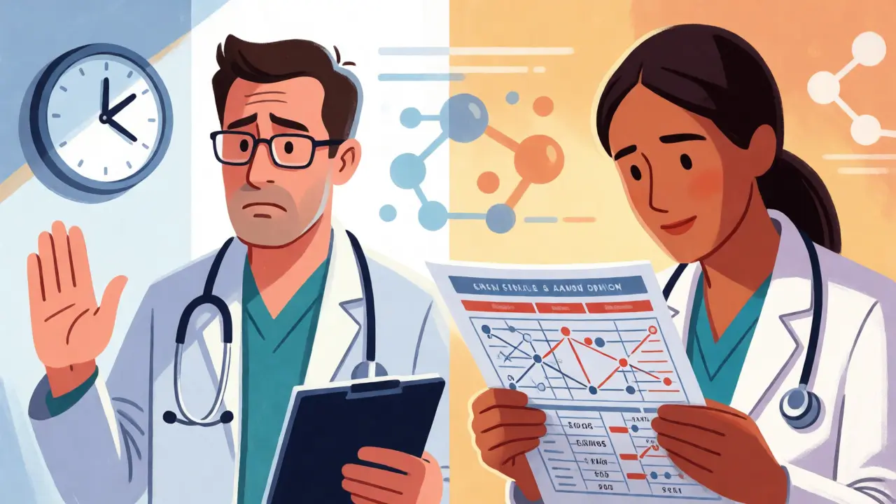 Comparison of a dismissive doctor versus a attentive specialist reviewing medication.