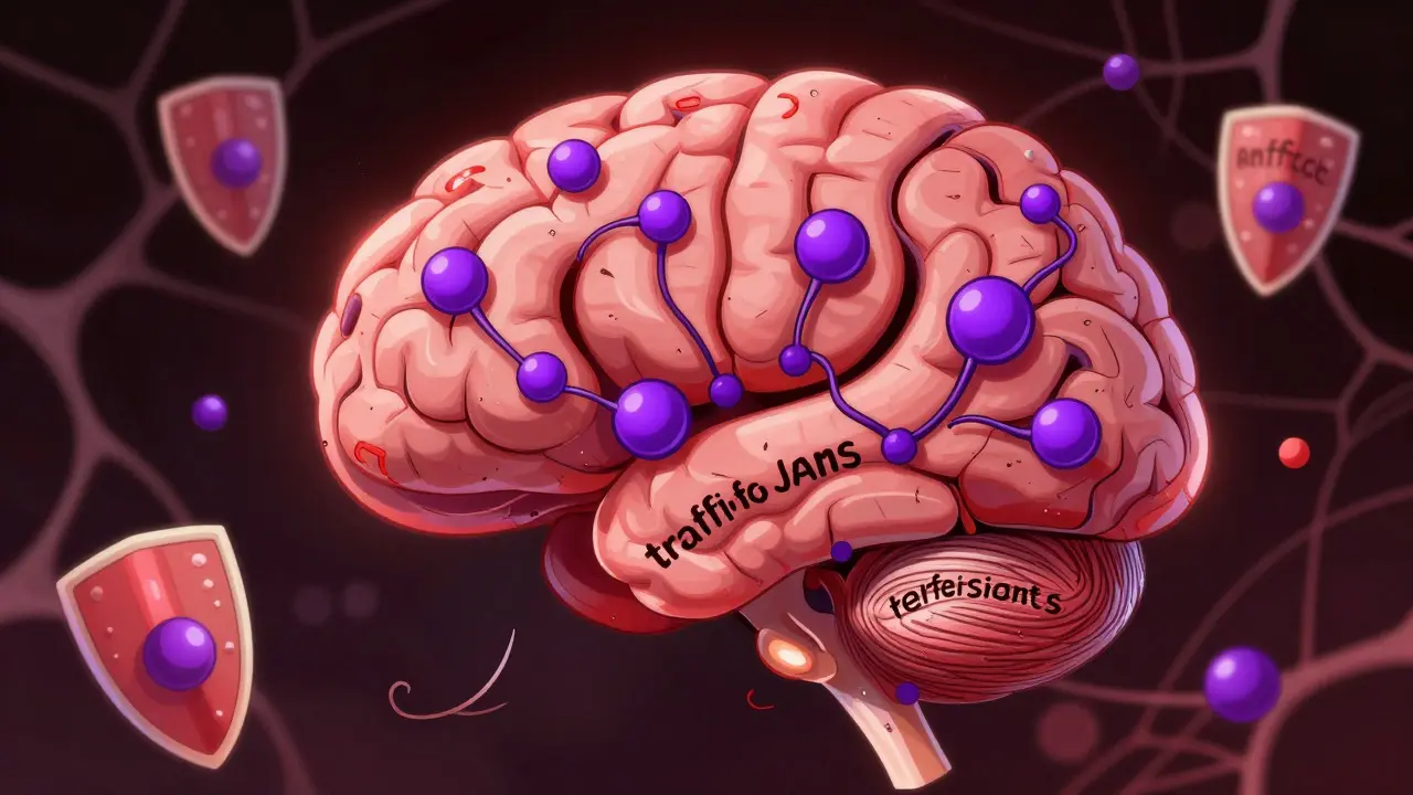 Conceptual illustration of serotonin molecules interacting with drug blocks in the brain