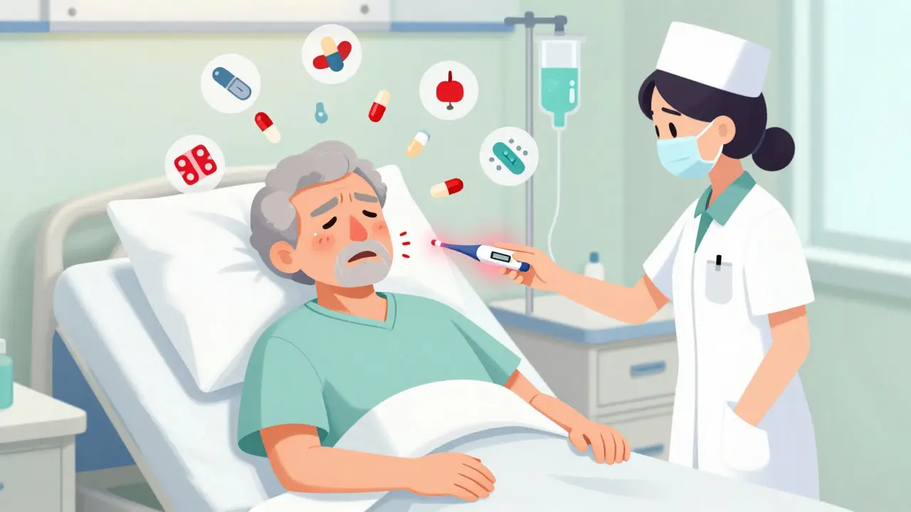 Elderly patient in a hospital bed with nurse checking temperature amidst floating medication icons