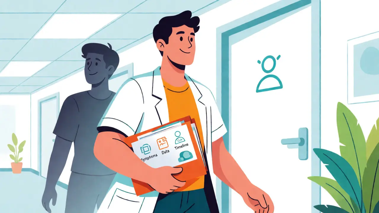 Empowered patient carrying organized symptom data to a new medical consultation.