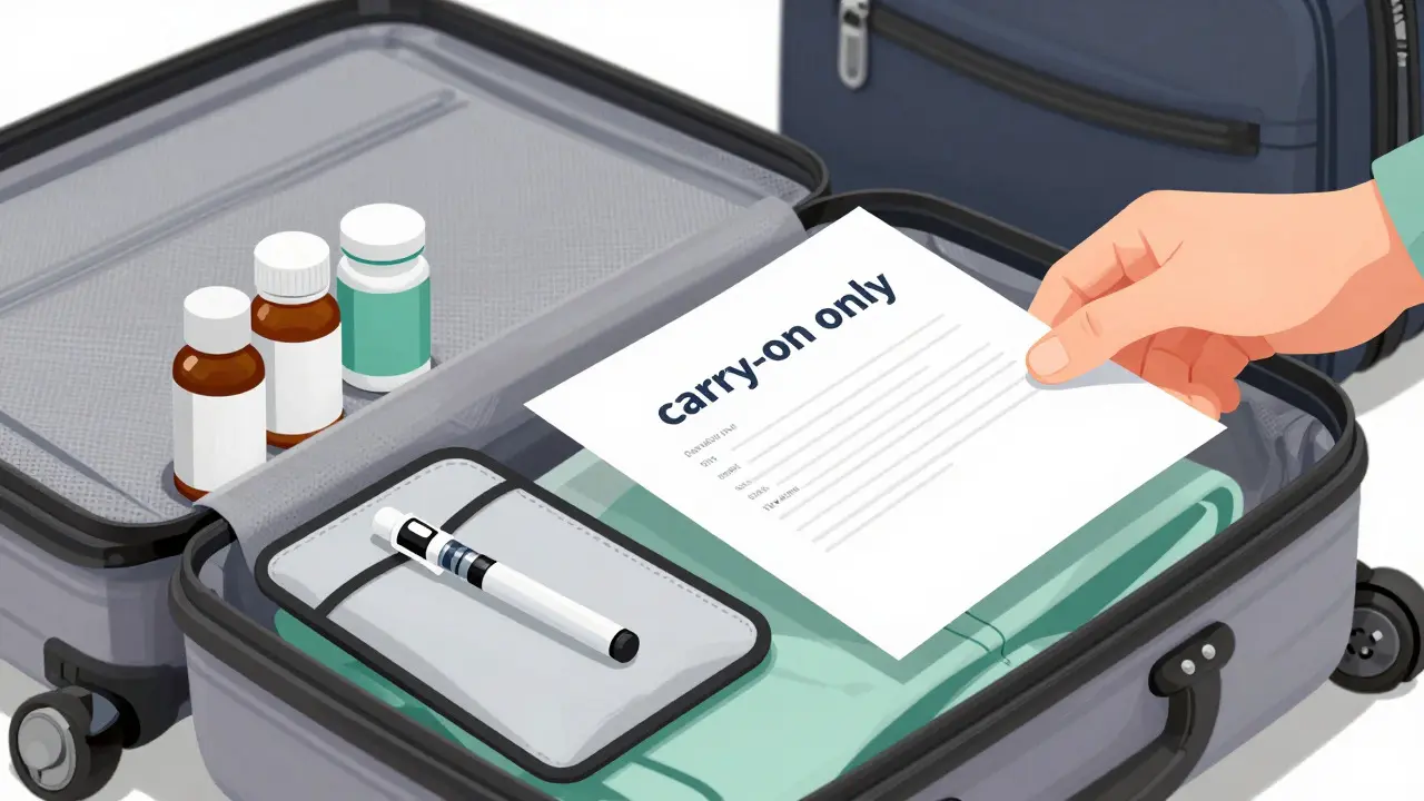 Hand packing medications and documents into a carry-on suitcase