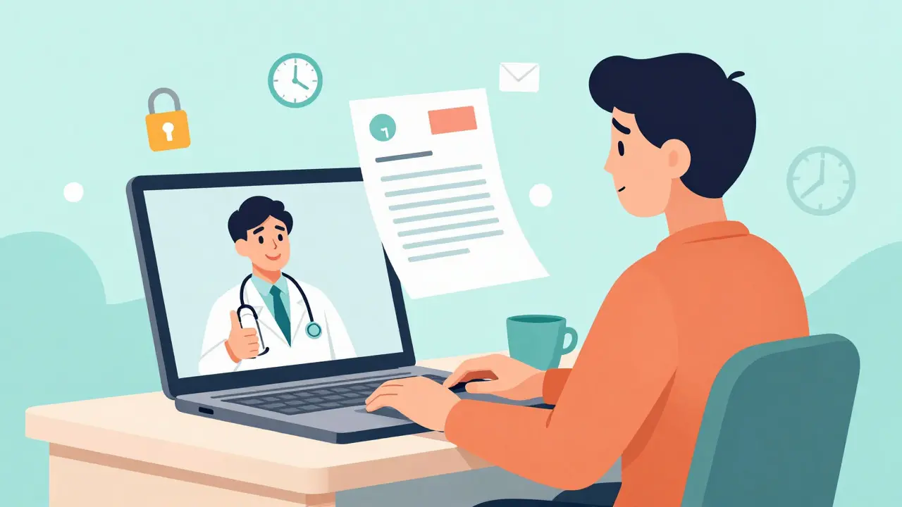 Illustration of patient consulting doctor via video for prescription