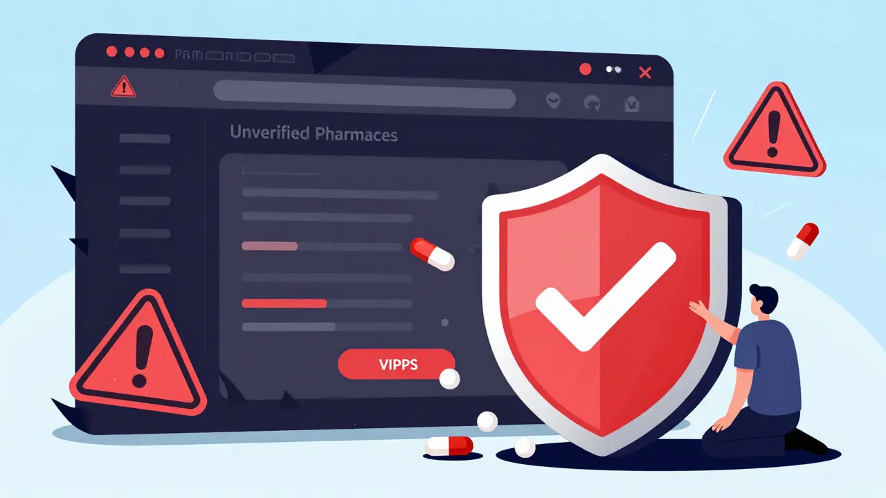 Illustration showing safe accredited pharmacy vs fake drugs