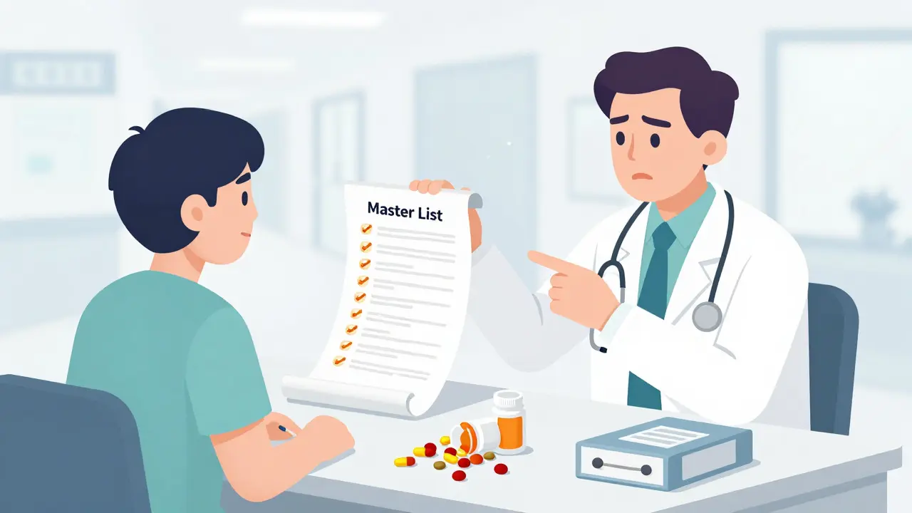 Patient and doctor reviewing a comprehensive list of supplements and meds