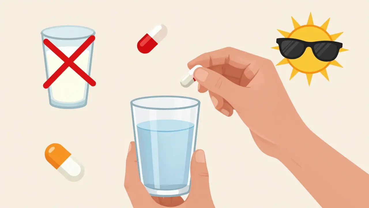Person taking antibiotics with water, avoiding dairy and sun exposure.