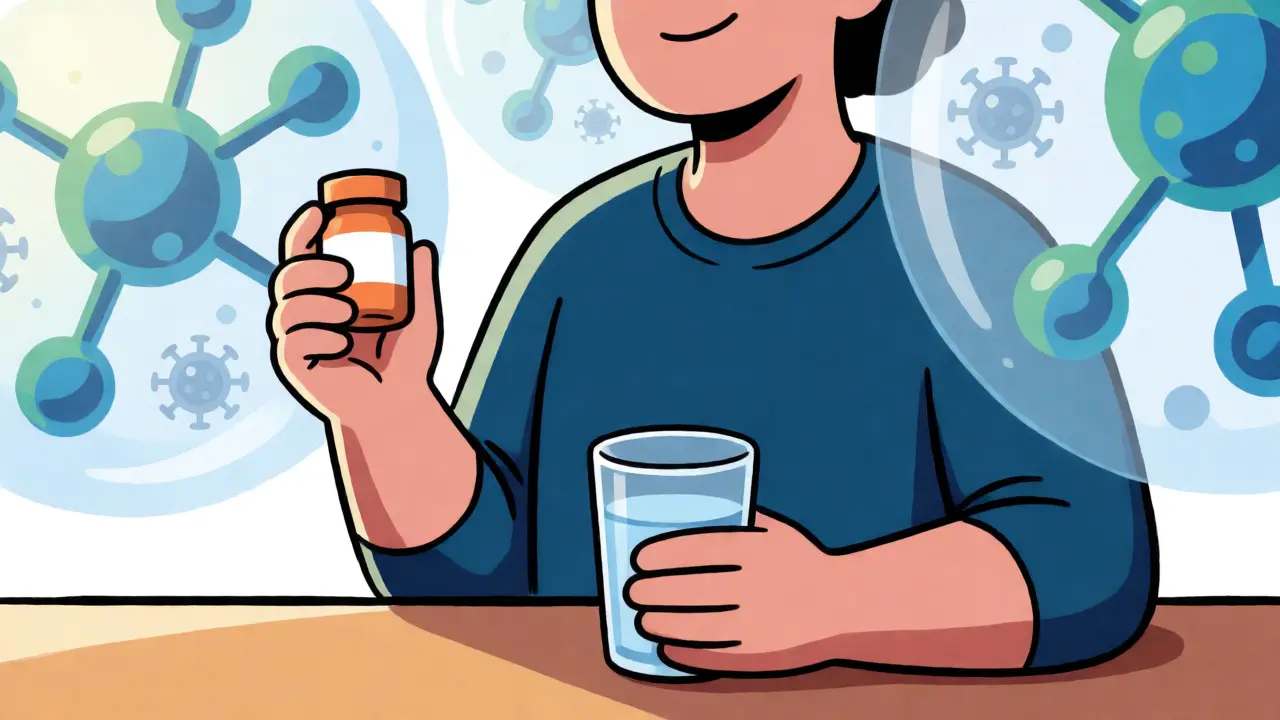 Person taking medication surrounded by protective antiviral molecule illustrations