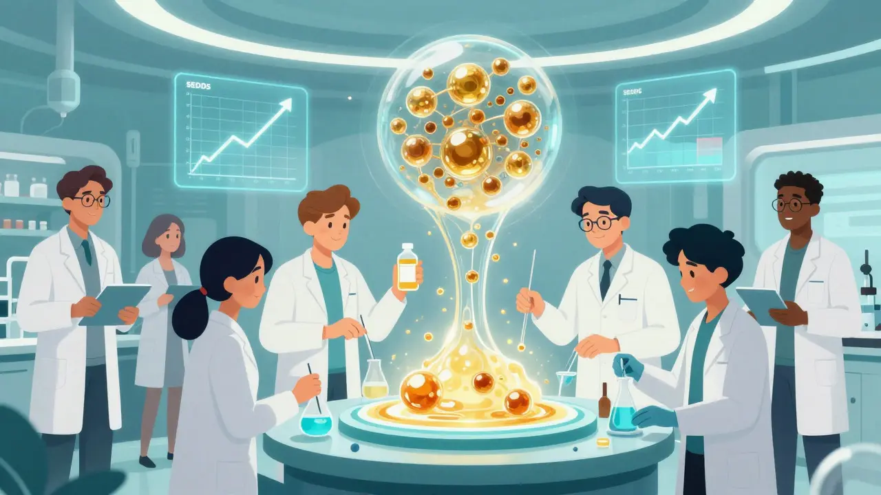 Scientists creating advanced lipid drug formulations in a modern lab