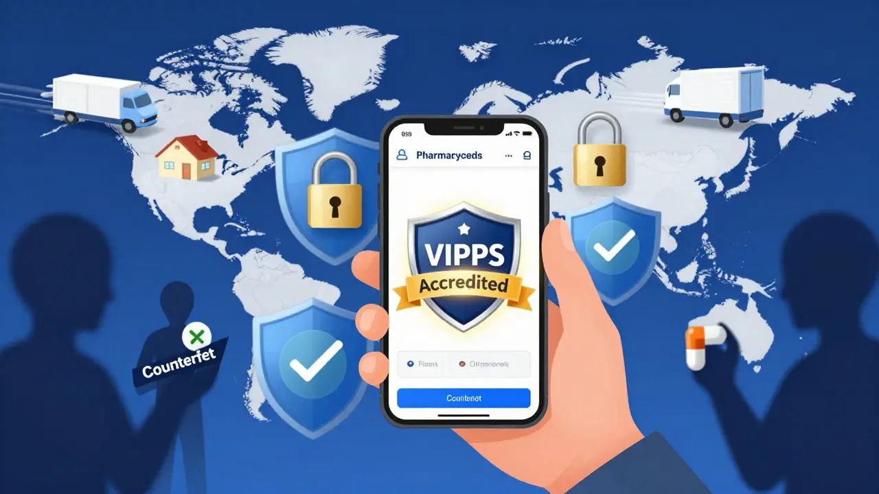 Smartphone showing verified pharmacy site with security shields