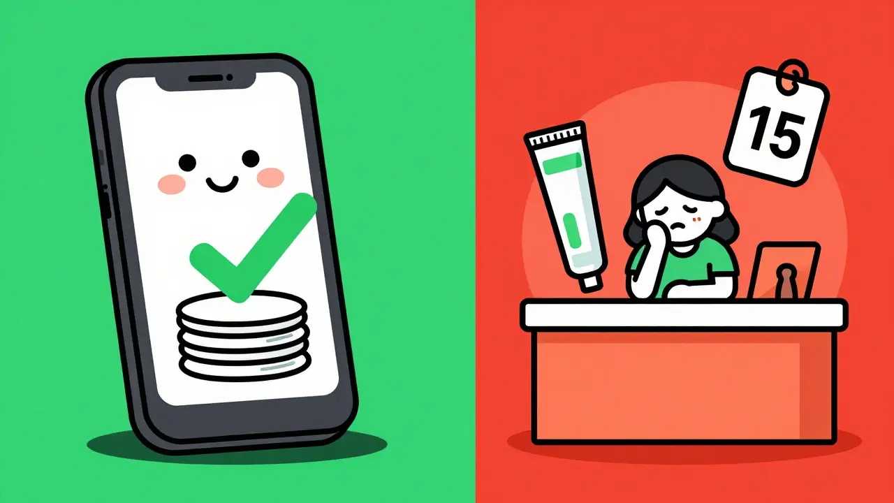 Split illustration comparing cheap online generics vs expensive local pharmacy