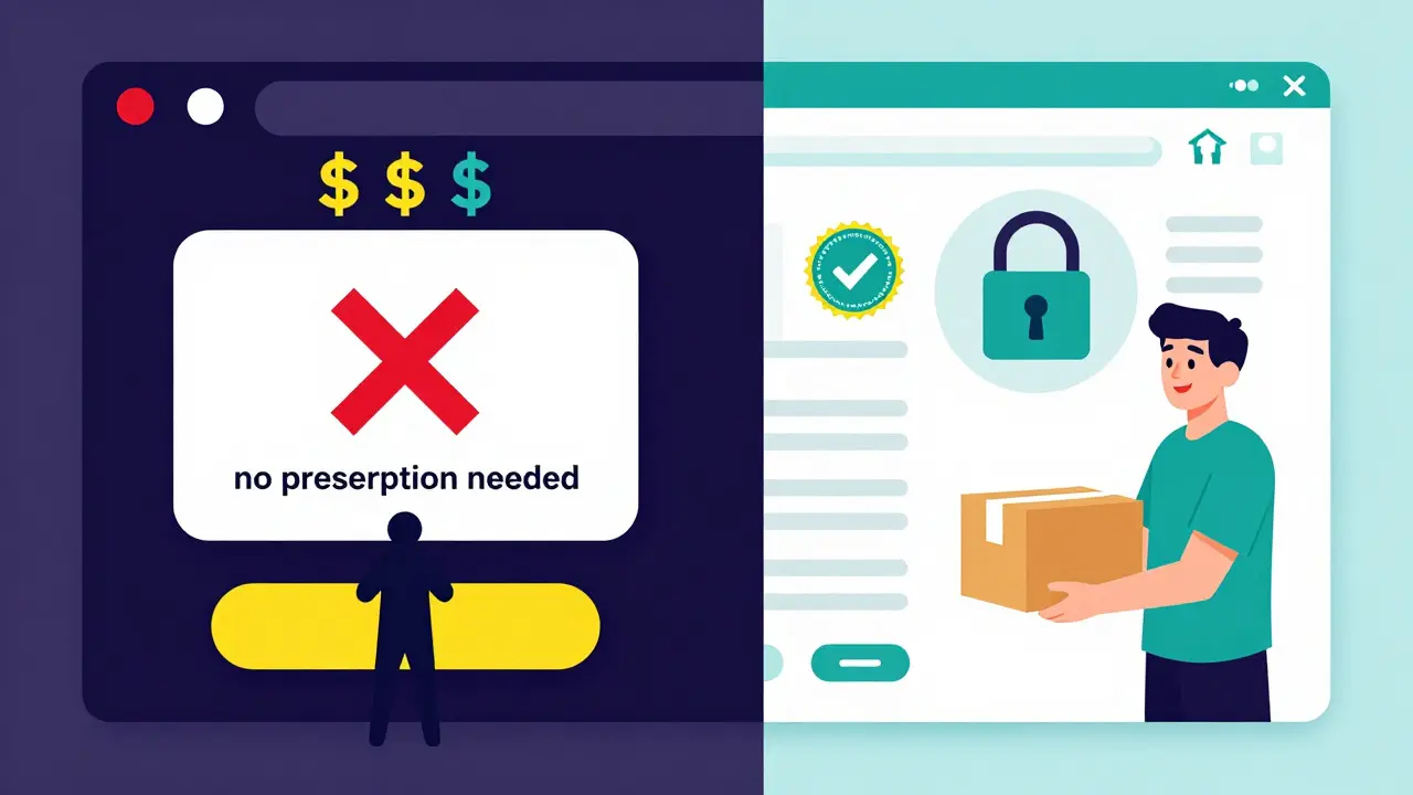 Split screen showing risky online pharmacy vs safe licensed platform with security icons
