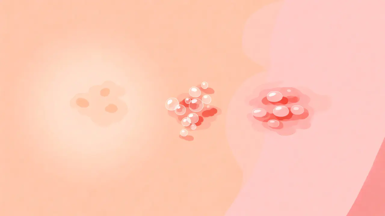 Step-by-step illustration of cold sore development from tingling to healing