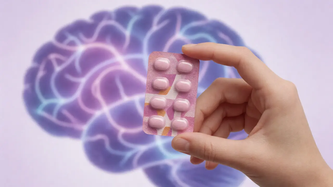 Hand holding pink pill pack with brain neural pathways in background.