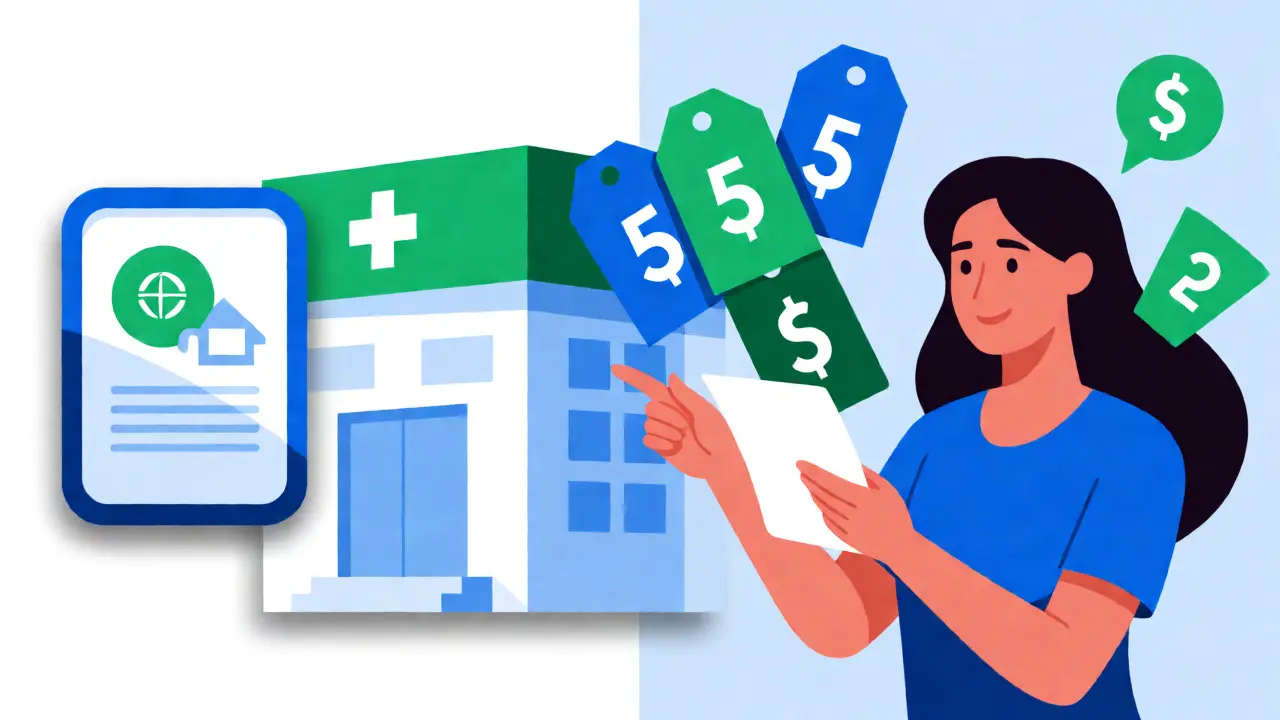 Illustration comparing online pharmacy options and saving money on prescriptions.